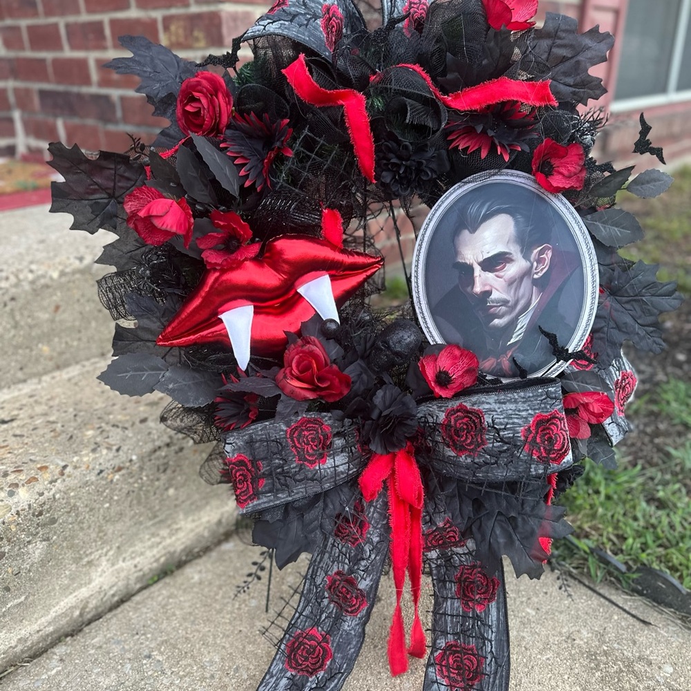 Vampire-Themed Black and Red Holiday Wreath